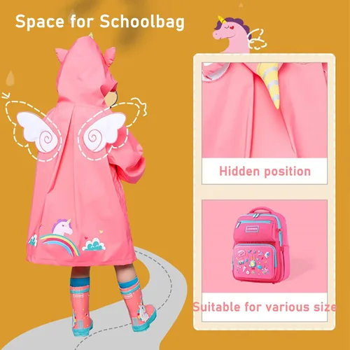 Vista 4 de Fewlby Chubasquero para niños y niñas, poncho de lluvia Waterpoof, chaqueta de lluvia para niños, ropa impermeable de dibujos animados de 4 a 6 años