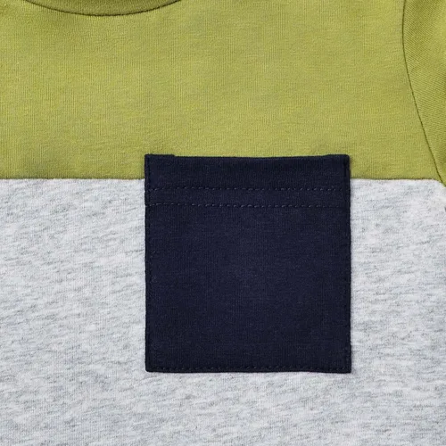 Vista 7 de DOMOABEI Ropa para bebé niño pequeño, trajes de verano de manga corta, camiseta de retazos, pantalón con bolsillo, conjunto de ropa para niños de 12