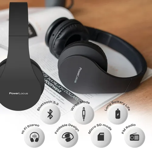 Vista 4 de PowerLocus - Audífonos inalámbricos Bluetooth para usar sobre las orejas, estéreo, plegables, con cable y micrófono incorporado para iPhone