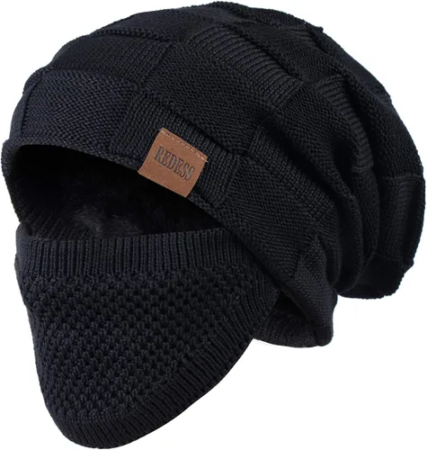 Vista 8 de REDESS Gorro para hombre y mujer, gorro de invierno cálido de punto holgado grueso con cubierta facial D2 Negro