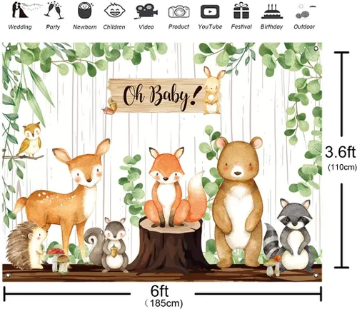 Vista 2 de Pancarta de fondo de baby shower de bosque, decoraciones de baby shower para niños y niñas, tela grande, temática de animales de selva, suministros