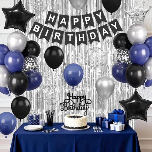 Vista 4 de Decoraciones de cumpleaños azul marino y negro para hombres, globo de confeti negro y azul con pancarta de "Happy Birthday", cortinas con flecos