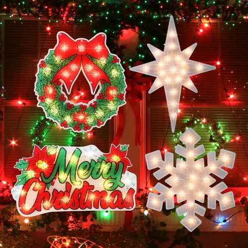 Vista 4 de 4 piezas de decoración de silueta de ventana de Navidad iluminada, estrella de Belén, feliz Navidad, copo de nieve, corona para ventana, decoración