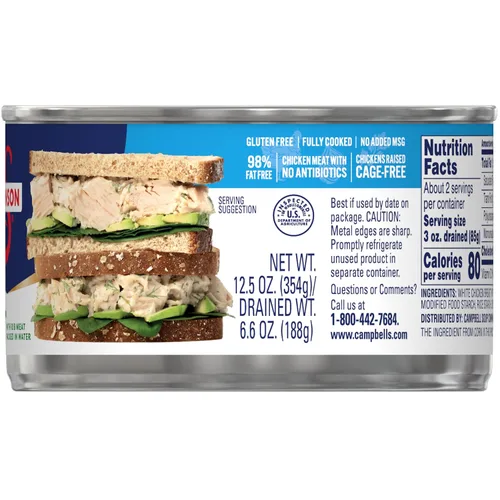 Vista 9 de Swanson 25% menos sodio, pechuga de pollo premium en agua enlatada en trozos blancos, lata de 12.5 OZ
