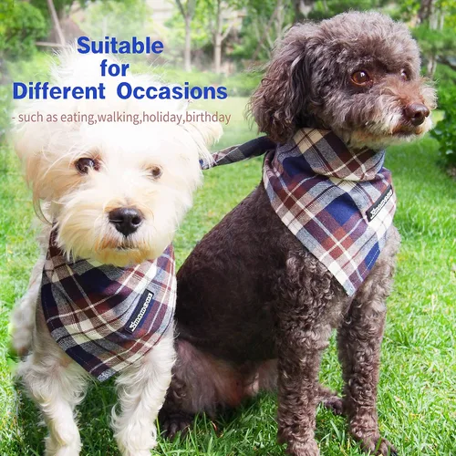 Vista 5 de Pañuelo ajustable para perro, 1 bufanda triangular de algodón suave y lavable para perros y gatos pequeños, medianos y grandes (marrón y azul, S)