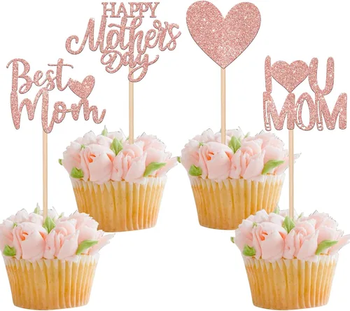 Vista 21 de Rsstarxi 1 paquete de decoración para pastel con flores de purpurina con doble corazón Love Mom Best Mom Best Mom Cake Pick Decoraciones para feliz