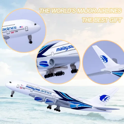 Vista 4 de Modelo Avión Escala 1:300 Malasia Airbus 380 Modelo Avión Metal Aleación Diecast Plane para Regalo y Decoración