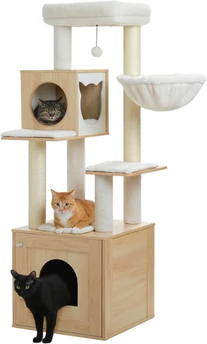 Vista 8 de PETEPELA Árbol para gatos de 56.7 pulgadas con caja de arena, torre grande de madera para gatos de interior con armario de almacenamiento y acogedor