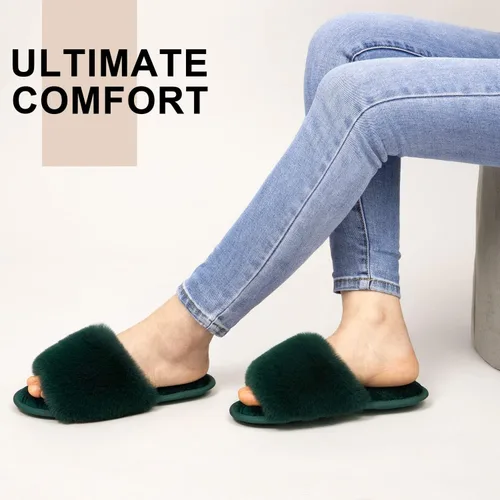 Vista 2 de LongBay Pantuflas de espuma viscoelástica de piel sintética para mujer, cómodas y planas, con puntera abierta, cómodas sandalias de casa