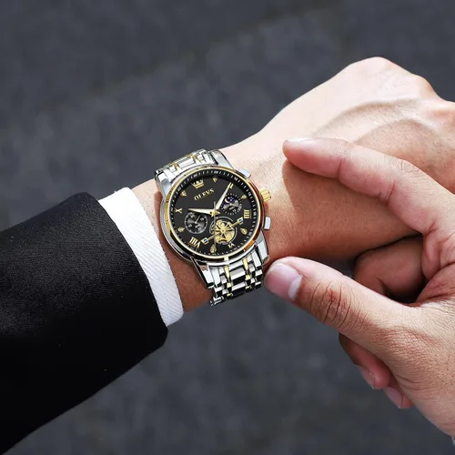 Vista 7 de OLEVS Relojes para hombre de acero inoxidable con cronógrafo, reloj de pulsera grande analógico de cuarzo, relojes de vestir impermeables de moda