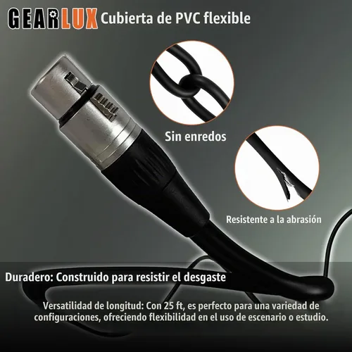 Vista 5 de Gearlux – Cable de micrófono XLR, completamente balanceado, macho a hembra, 25 pies - Paquete de 3