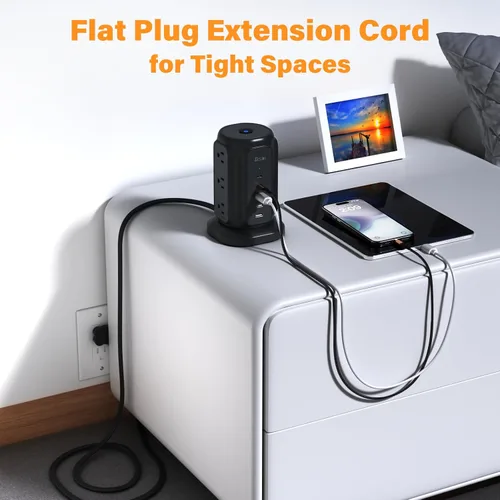 Vista 5 de Regleta de enchufe plano ultradelgada de 6.5 pies 9 Outlets and 5 USB Ports (2 USB C), 1200J Surge Protector, Ultra Thin Extension Cord, 45°