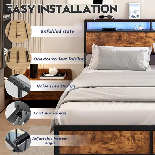 Vista 8 de Base de cama Queen con luces LED, cabecera de almacenamiento industrial con estación de carga y puerto USB, marco de cama industrial moderno