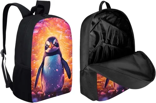 Vista 2 de Linda mochila escolar de pingüinos para niños, con bolsa de almuerzo y bolsa para lápices, bolsa mágica de animales para niños y niñas