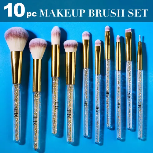 Vista 2 de Juego de 10 brochas de maquillaje profesionales con piedras preciosas brillantes doradas, cepillos profesionales de cerdas suaves para uso diario