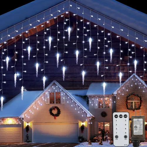 Vista 9 de Luces de Navidad de carámbano para exteriores, 40 pies, 432 LED, impermeables, para exteriores, 8 modos de iluminación, con control remoto