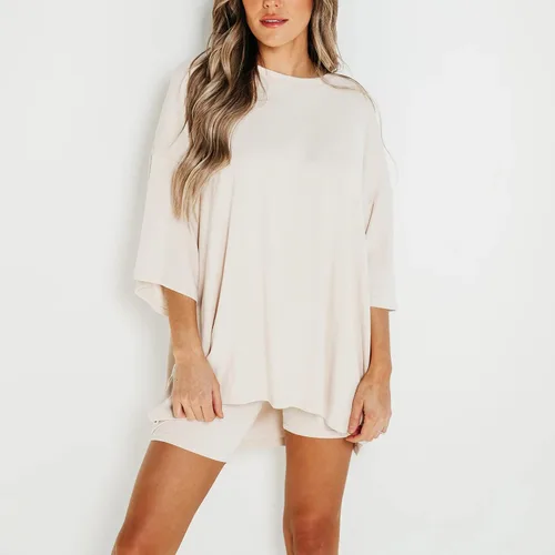 Vista 6 de Two Piece Outfits for Women Summer Weekend Loungewear Sets Oversized Tee & Biker Short Set Ribbed Knitted Tracksuit