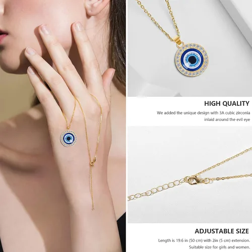 Vista 4 de Evil Eye Necklace Third Blue Eyes Amulet Pendant Dainty Ojo Gold Chain Necklace Kabbalah Protection Adjustable Fashion Jewelry Gift for Women and