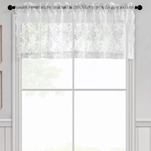 Vista 30 de FINECITY 2 paneles de cortinas de encaje beige de 36 pulgadas de largo con hojas florales rústicas, cortinas cortas y transparentes para ventana