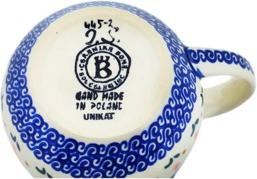 Vista 4 de Auténtica taza de burbujas de cerámica polaca de 13 onzas en diseño amarillo hecho a mano en Bolesławiec Polonia por Ceramika Bona + certificado