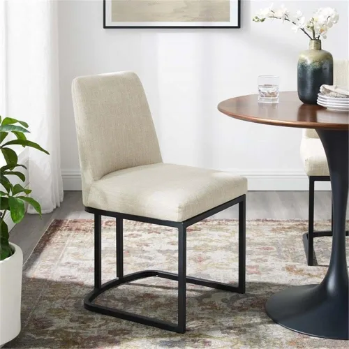 Vista 2 de Modway Amplify Sled - Silla auxiliar de comedor de tela tapizada con base de trineo, color negro y beige, 22 x 19 x 32 pulgadas
