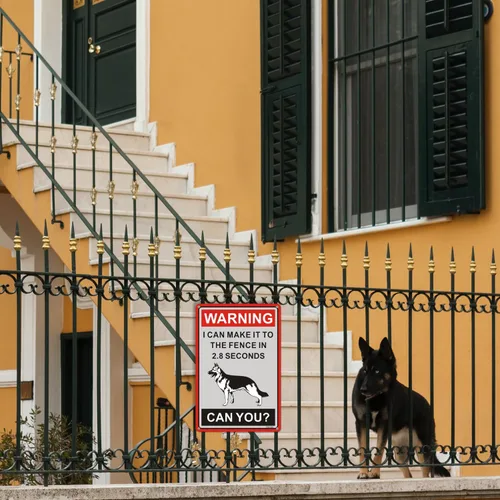 Vista 6 de Letrero de advertencia de pastor alemán con texto en inglés «Beware Of Dogs» con texto en inglés «I Can Make It to the Fence in 2.8 Sec. Letrero