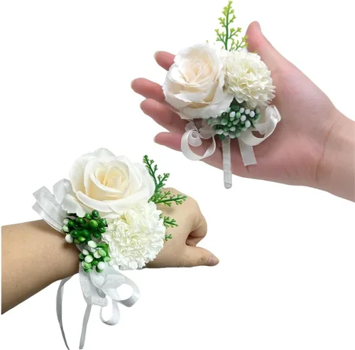 Vista 5 de Rikyo Juego de 2 ramilletes de muñeca de flores de rosas y flores de seda para novia y novio, decoración de pasteles y fiestas (verde negruzco)