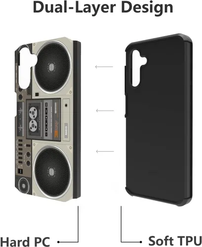 Vista 5 de Funda para teléfono Galaxy A14 5G, resistente 2 en 1 de doble capa híbrida de policarbonato duro y silicona suave a prueba de golpes, funda de Retro