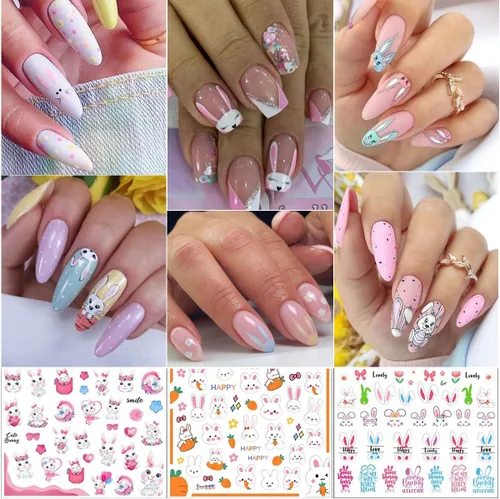 Vista 3 de 8 hojas de calcomanías de arte de uñas de conejo de Pascua, 3D, autoadhesivas, accesorios de arte de uñas, caricaturas, conejos, animales