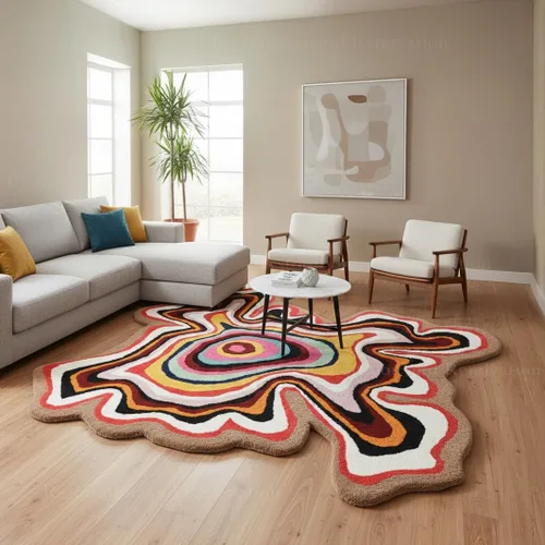Vista 5 de Alfombra de lana hecha a mano con forma irregular de Restauración y Renovación Alfombra moderna de rayas coloridas de primera calidad perfecta