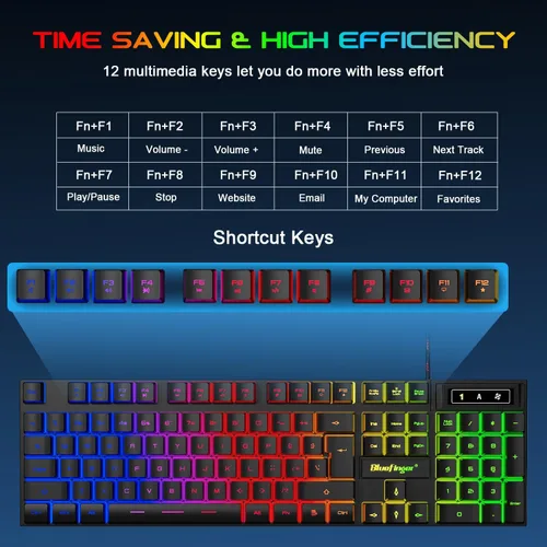 Vista 3 de BlueFinger Teclado para juegos USB con cable de tamaño completo, teclado retroiluminado con arco iris iluminado con teclas multimedia, escritura