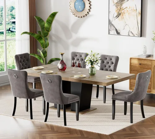 Vista 45 de Juego de mesa de comedor extensible de 63 a 79 pulgadas para 4, moderna mesa de cocina expandible con 4 sillas de terciopelo, mesa de madera gruesa