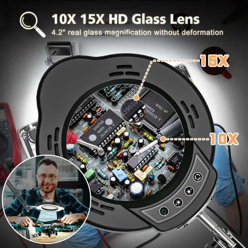 Vista 2 de Lupa con luz y abrazadera, lámpara de aumento de escritorio de 15X 10X, lupa de lente de cristal real de 84 LED, 5 modos de color regulable sin