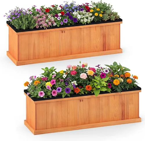 Vista 13 de HAPPYGRILL Cama de jardín elevada de madera, maceta rectangular de madera de acacia natural con forro y drenaje para hierbas de flores vegetales