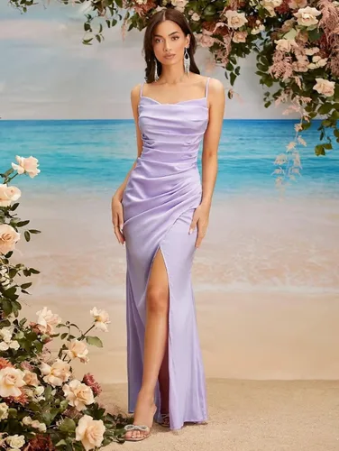 Vista 4 de Vestido de fiesta de sirena con tirantes delgados vestido largo de satén de seda para boda vestido formal con abertura