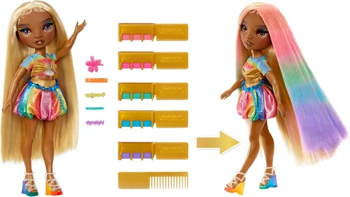 Vista 2 de Tiza para cabello y estilo Meline de Rainbow High – Muñeca de 11" arcoíris y dorada. Tiza para cabello lavable de arcoíris, color, estilo, juego