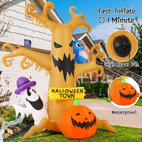 Vista 5 de GOOSH Árbol muerto inflable de Halloween de 8 pies para decoración al aire libre con fantasmas de búho y calabazas, decoraciones de patio inflables
