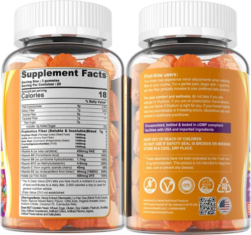 Vista 8 de 1 Paquete de Gomitas de Fibra para Adultos con Cáscara de Psyllium, 7G (Fibra Prebiótica Soluble + Insoluble) Diaria con Inulina, FOS, Goma de Guar