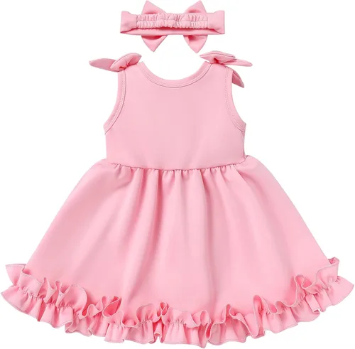Vista 2 de Baby Girl Tutu Dress Summer Sleeveless Ruffle Princess Birthday Party Dresses Flower Bowknot Sundress with Headband Set