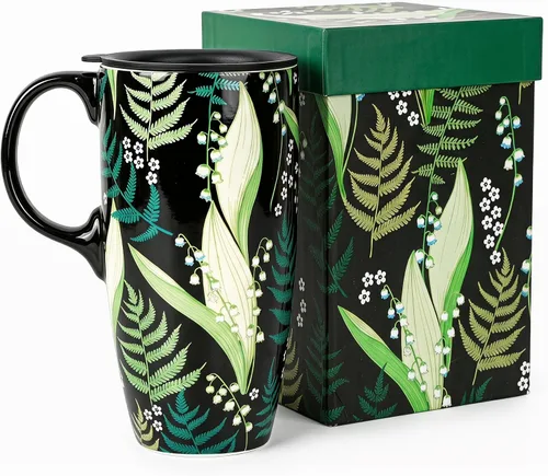 Vista 9 de Taza de café de cerámica de 17 onzas con tapa, taza de viaje de porcelana floral de margarita, taza de café alta con asa, apta para microondas