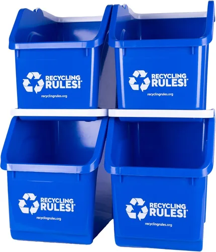 Vista 11 de ¡Reglas de reciclaje! Contenedor de papelera de reciclaje apilable de 6 galones en azul, reciclador práctico libre de BPA ecológico con asa, paquete