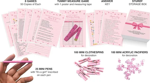 Vista 2 de Dessie Juegos de baby shower para niñas, juego definitivo para baby shower, 9 juegos únicos de baby shower para niñas, 100 mini pinzas para la ropa