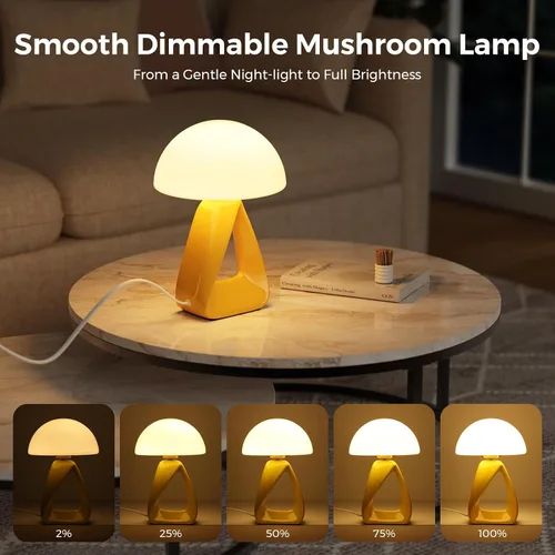 Vista 4 de Lámpara de hongo, pequeña lámpara de mesa para dormitorio, lámpara de noche creativa geométrica con base de cerámica, lámpara de mesa auxiliar