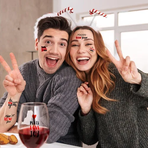 Vista 6 de 65 piezas de suministros para fiesta de Año Nuevo, 12 hojas de calcomanías de tatuajes temporales, decoraciones de feliz año nuevo, decoración NYE