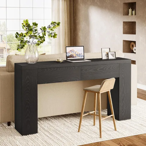 Vista 6 de Tribesigns Mesa consola de madera de 63 pulgadas con 2 cajones ocultos, mesa de sofá marrón rústico de granja para sala de estar, pasillo, entrada