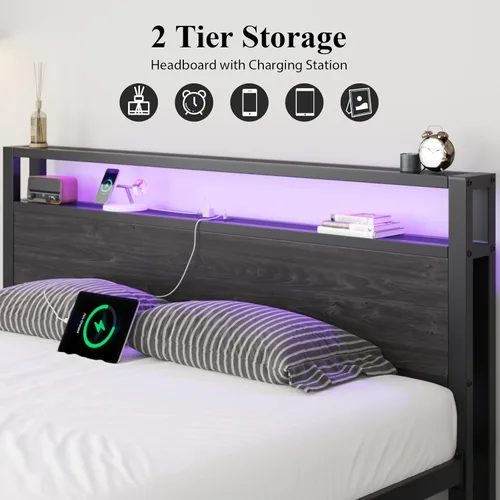 Vista 61 de LOEWAY Base de cama tamaño Queen con cabecero de almacenamiento y luces LED, color gris