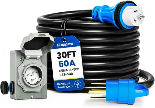 Vista 8 de Cable generador de 50 amperios y caja de entrada de alimentación, cables de generador de 20 pies, conector de bloqueo giratorio de cable