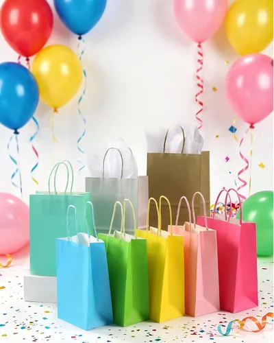 Vista 7 de AZOWA Bolsas de regalo mini de papel kraft con asas (Azul claro, 4x2.4x6, 25 piezas) Blue Color, Kraft Paper, Mini Size, 25 Pieces, Party Bags