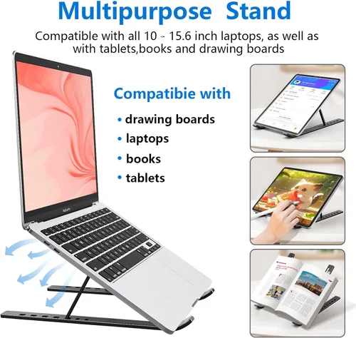 Vista 5 de Soporte para laptop de escritorio, soporte de aluminio para MacBook, elevador de computadora para escritorio, soporte portátil plegable ajustable