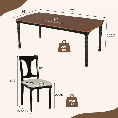 Vista 4 de Juego de mesa retro de comedor de cocina de 7 piezas, mesa extensible de madera maciza de 60 a 78 pulgadas con hojas extraíbles y 6 sillas